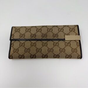 Vintage Gucci GG Monogram Canvas Long Wallet Brown Leather Restored